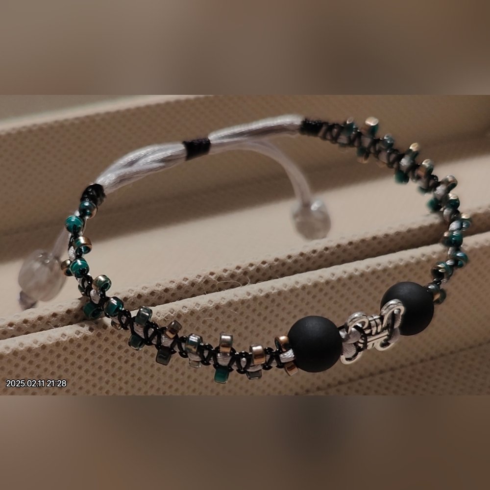 Handmade Adjustable Macrame wire & nylon Black & silver beaded Bracelet